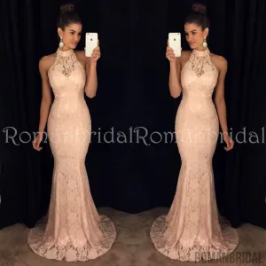 Floor-length Sexy Halter Mermaid Lace Prom Dress, round neck sleeveless High Quality Prom Dresses, PD0479